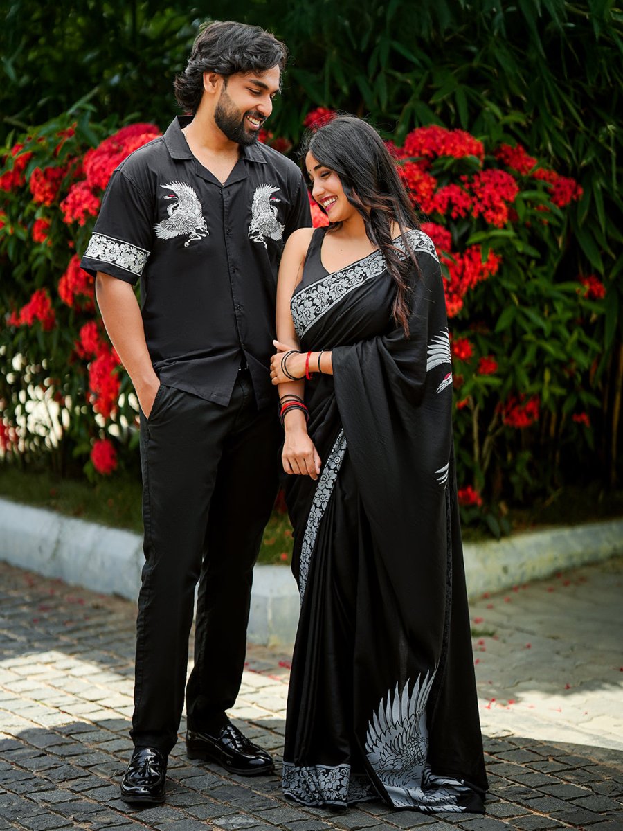 Crane Shirt and Saree Couple Combo