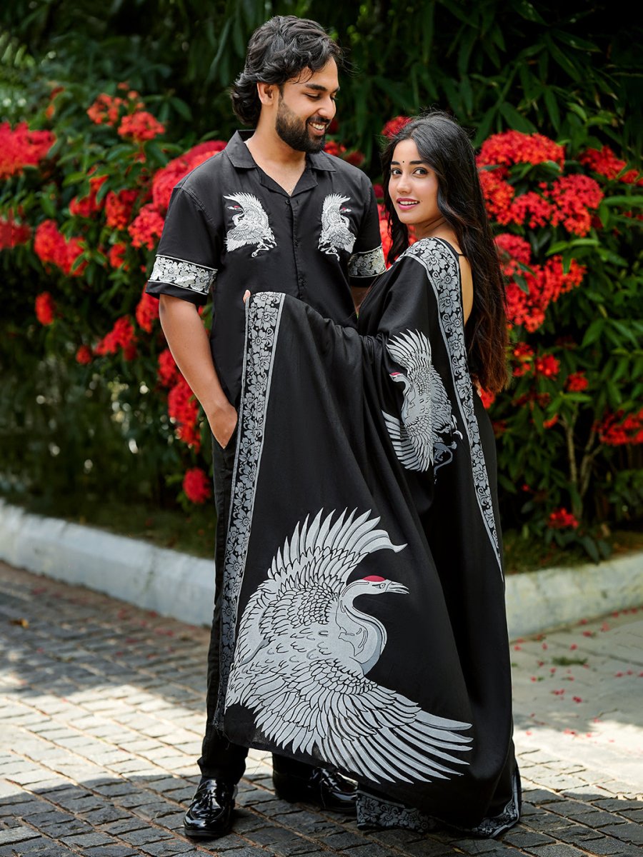Crane Shirt and Saree Couple Combo
