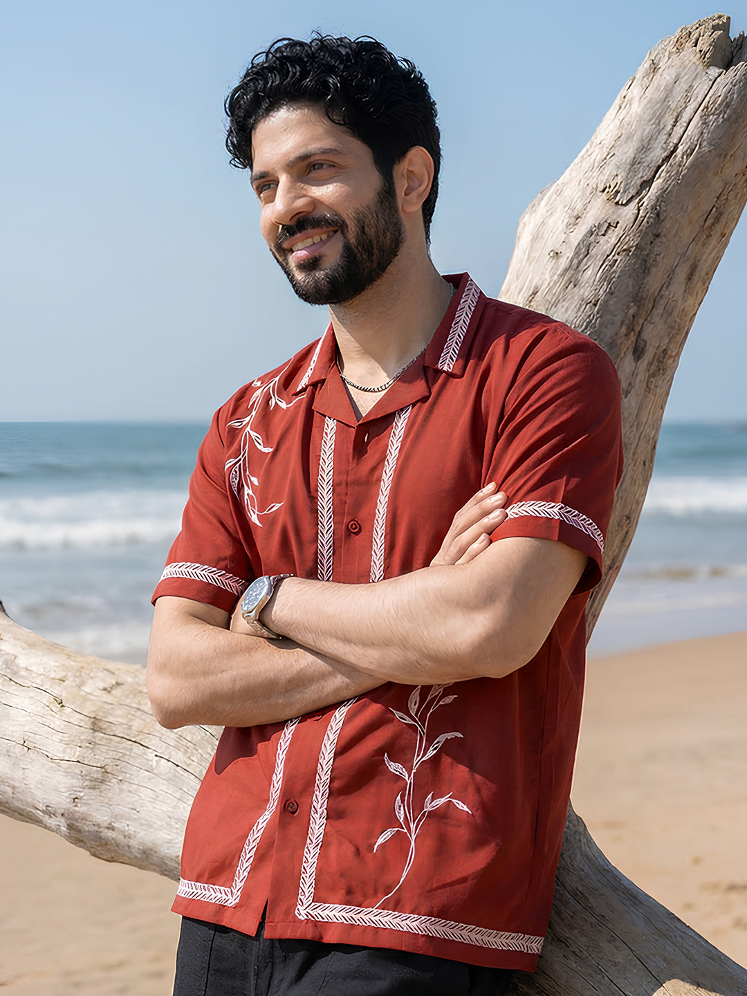 Summer Leaf Embroidered Shirt | Men
